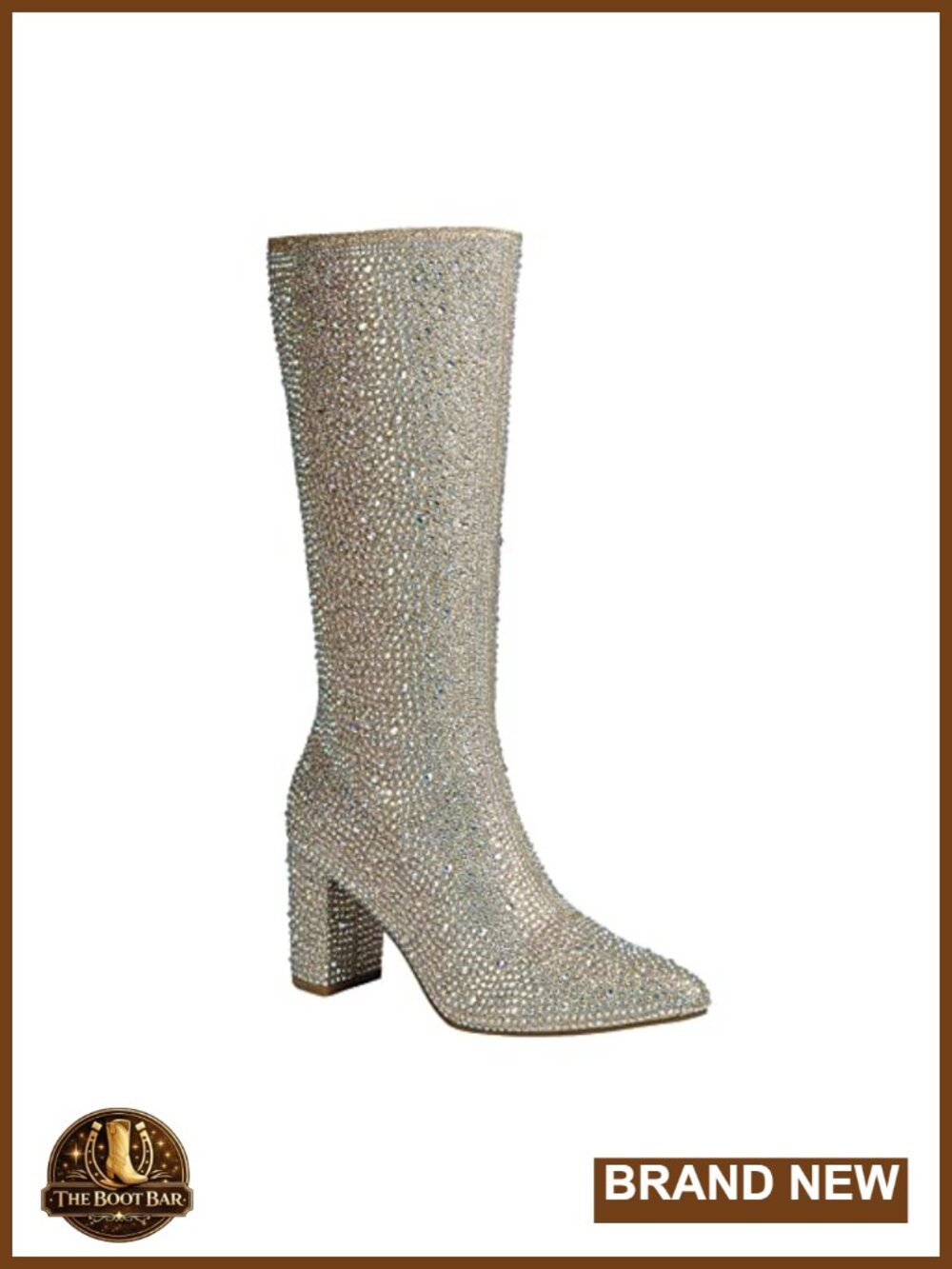 Women Rhinestone Pointed Toe Block Heel Knee High Boots